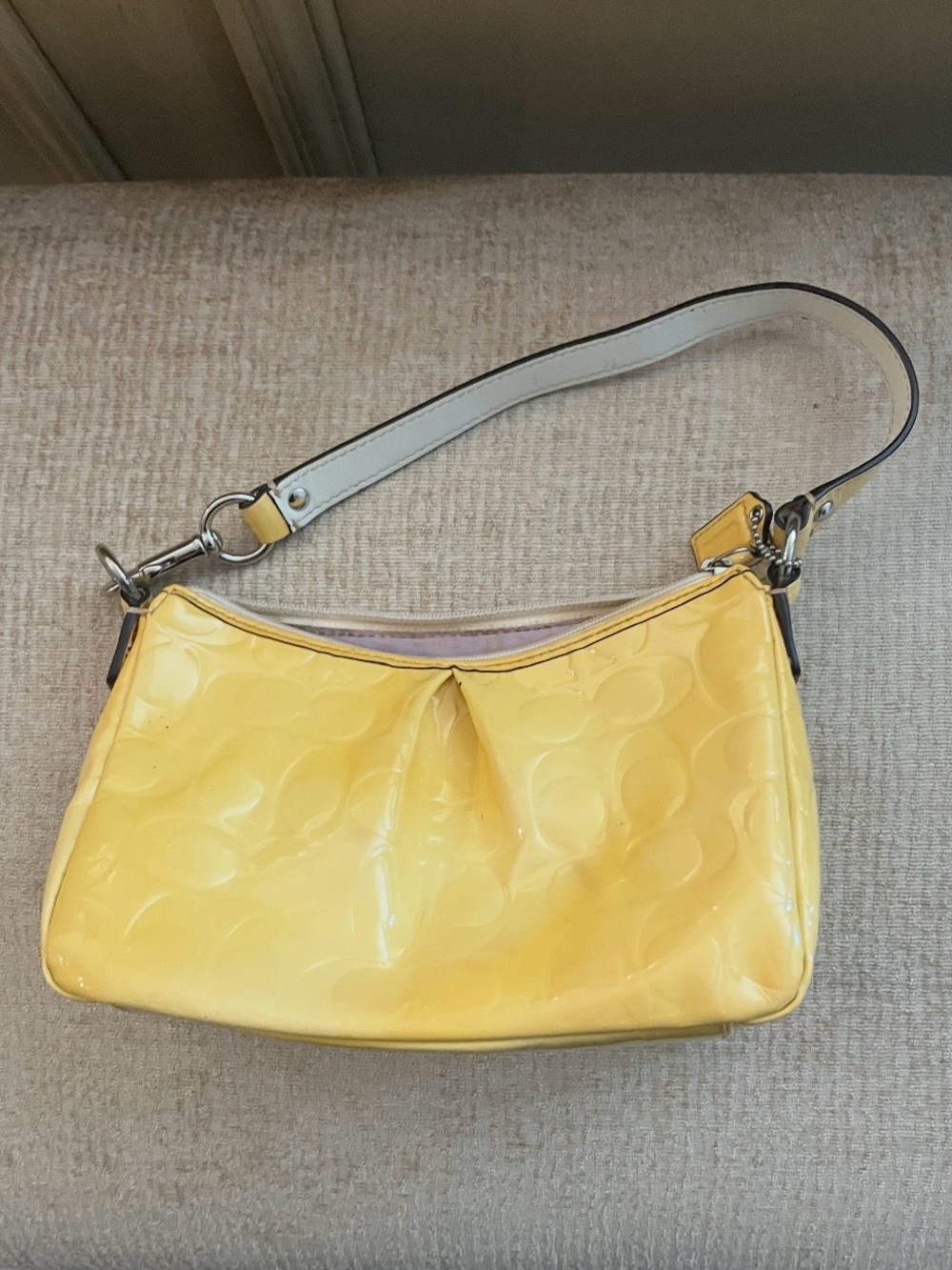 Coach Yellow Patent Leather Shoulder Bag with White Strap